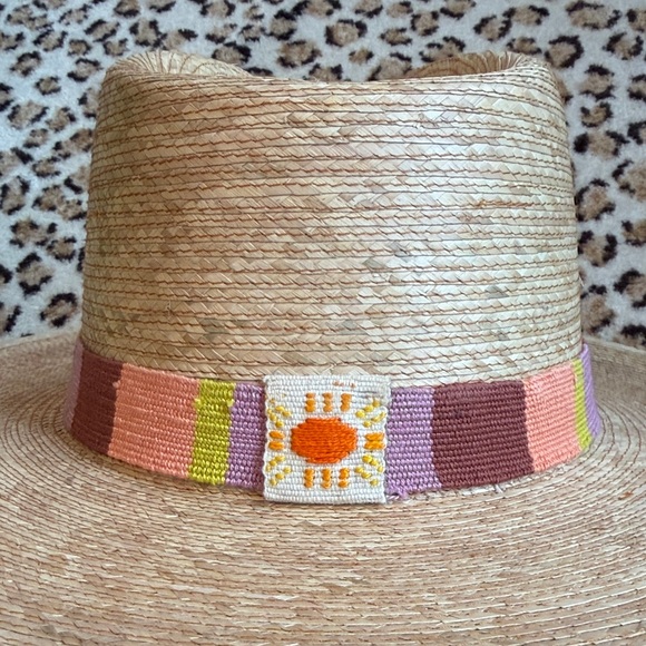 Stylish Tan Wide-Brim Hat with Multicolor Band - Picture 2 of 2